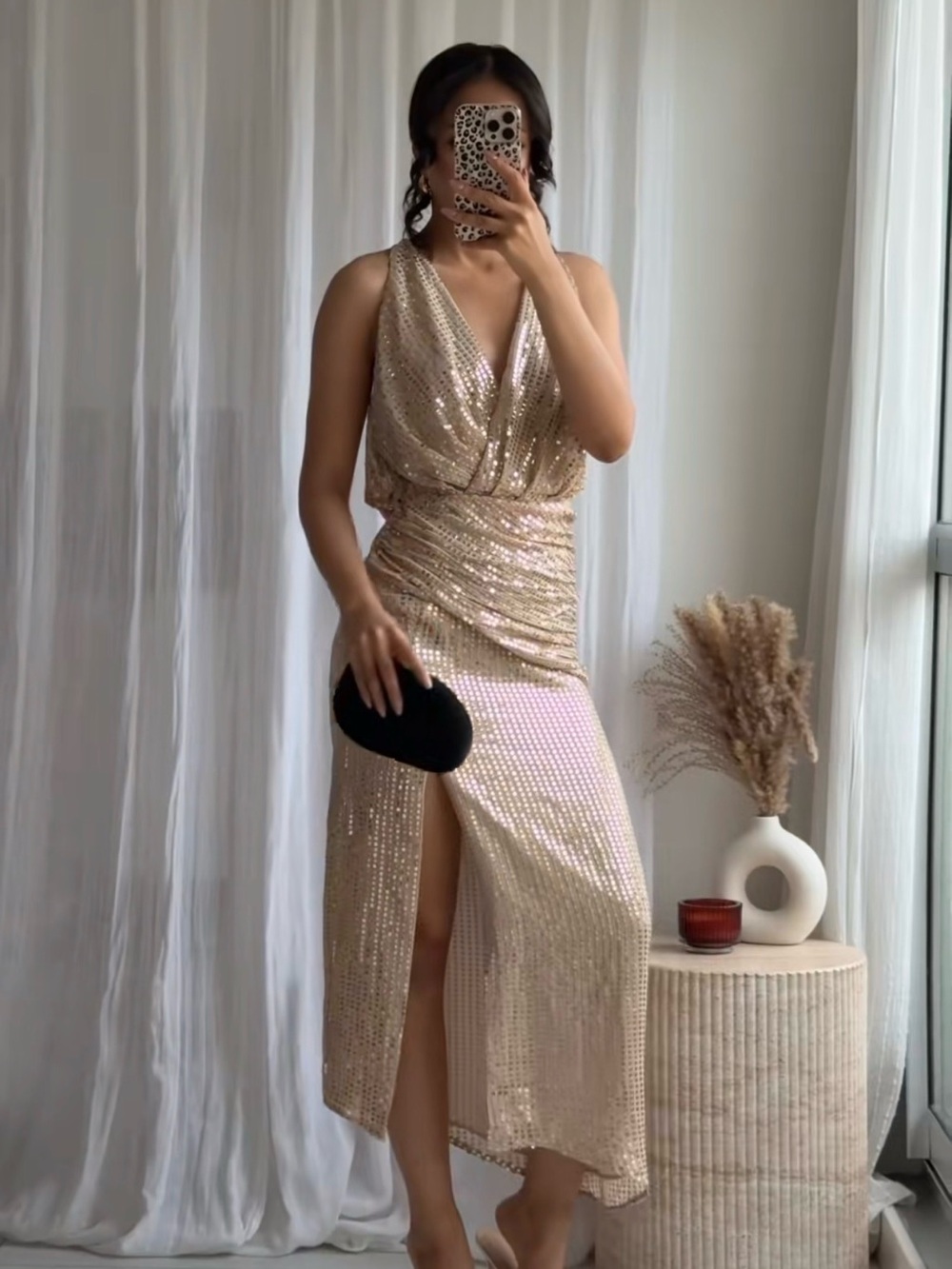ZARA GOLD Sequin Midi Dress WITH MID HIGH SLIT